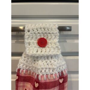 Crochet Top Kitchen Towel- Hearts-Pink plaid